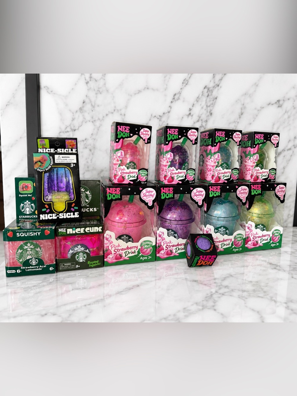Set of 12 -Nee Doh Pink Strawberry Drink Starbucks Squishy Toy, Groovy Glob etc